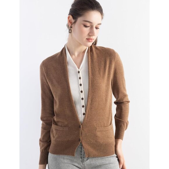 Women's Merino Wool Sweater Fake Two-Piece Cardigan Fall Winter V-Neck - Picture 2 of 6